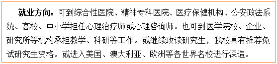 文本框: 就业方向:可到综合性医院、精神专科医院、医疗保健机构、公安政法系统、高校、中小学担任心理治疗师或心理咨询师。也可到医金界娱乐城
校、企业、研究所等机构承担教学、科研等工作。或继续攻读研究生,我校具有推荐免试研究生资格。或进入美国、澳大利亚、欧洲等各世界名校进行深造。